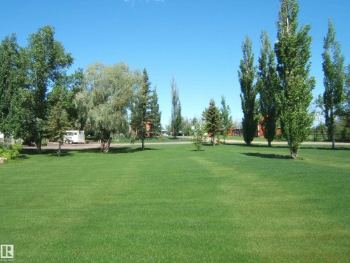Expansive green lawn framed by mature deciduous and evergreen trees - 123064 Hwy 45, Rural Two Hills County, AB 