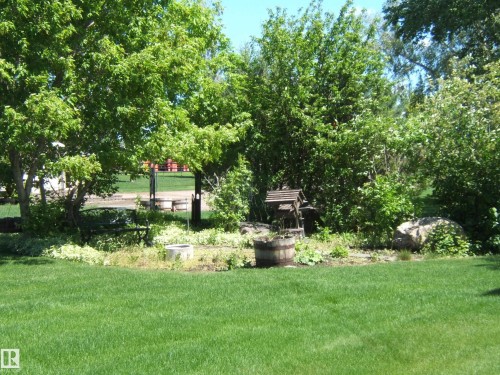 Expansive green lawn framed by mature trees and varied shrubbery - 123064 Hwy 45, Rural Two Hills County, AB 