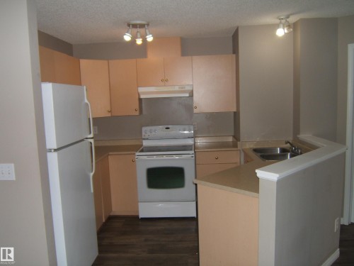 Kitchen featuring light-toned cabinetry, a double-basin stainless steel sink, and wood-finish flooring - 105 11214 80 Street, Edmonton, AB - Indoor Photo Showing Kitchen With Double Sink