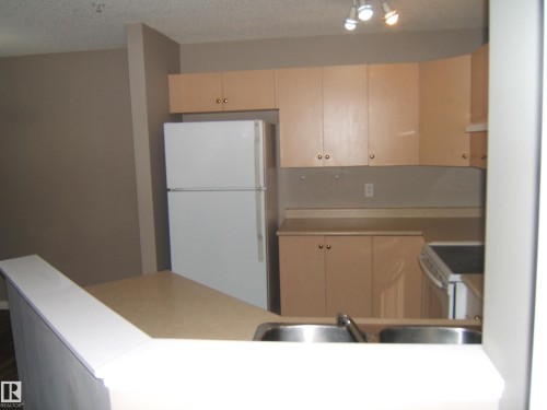 Kitchen featuring light wood-finish cabinetry, a double basin stainless steel sink, and a white refrigerator - 105 11214 80 Street, Edmonton, AB - Indoor Photo Showing Kitchen With Double Sink
