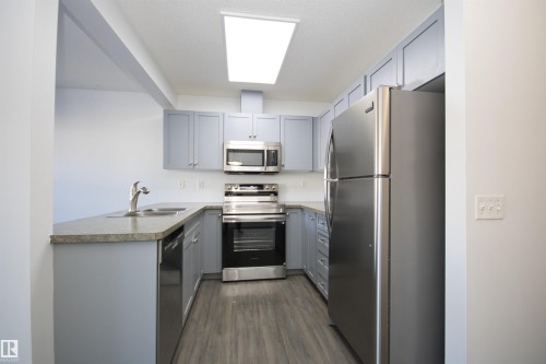 U-shaped kitchen featuring wood-finish flooring, light gray cabinetry, stainless steel appliances, and a recessed ceiling light - 11 230 Edwards Drive, Edmonton, AB - Indoor Photo Showing Kitchen