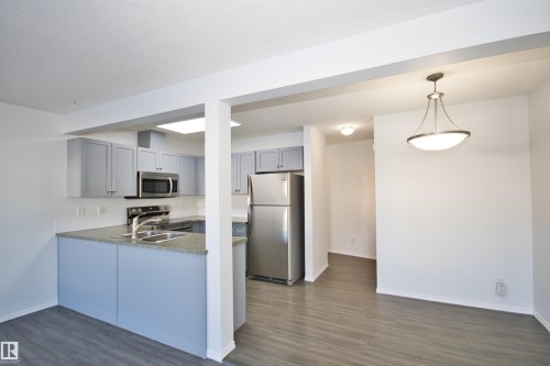 Kitchen and dining area featuring wood-finish flooring, light gray cabinetry, stainless steel appliances, and a double basin sink - 11 230 Edwards Drive, Edmonton, AB - Indoor Photo Showing Kitchen With Double Sink