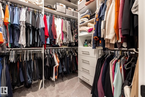 Walk-in closet featuring white built-in shelving, multiple hanging rods, integrated drawers with horizontal pulls, and additional open shelving - 108 7463 May Common, Edmonton, AB - Indoor With Storage
