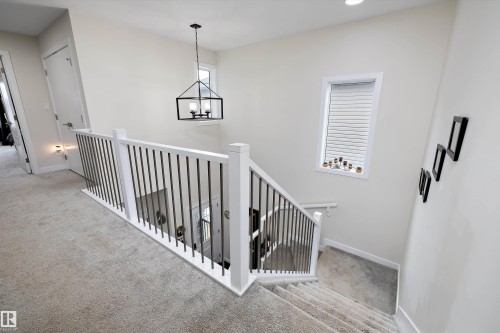 Carpeted staircase featuring a white railing with dark metal balusters - 84 Wingate Way, Fort Saskatchewan, AB 