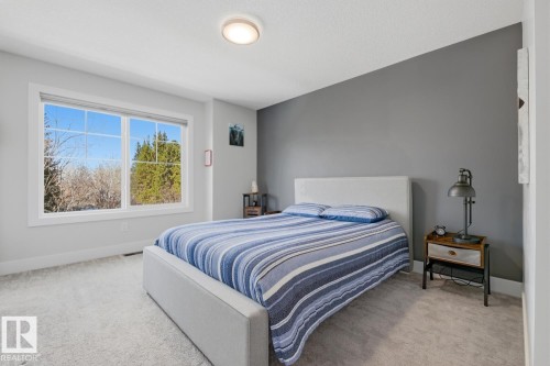 Carpeted room featuring a large multi-pane window, flush-mount ceiling light, and a two-tone wall finish - 61 230 Edgemont Road, Edmonton, AB - Indoor Photo Showing Bedroom