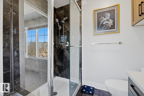 Glass-enclosed shower with dark marble-look tile surround and a window feature - 61 230 Edgemont Road, Edmonton, AB - Indoor Photo Showing Bathroom