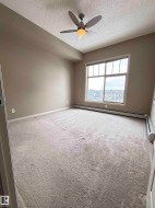 Spacious room featuring neutral carpeting and a large window with white framing - 