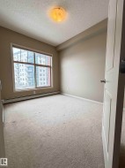 Spacious interior room featuring a large window, neutral wall tones, textured ceiling, and carpeted flooring - 
