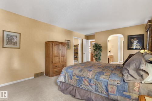 Carpeted room with warm-toned walls, featuring an arched doorway leading to a separate area - 848 Wheeler Road W, Edmonton, AB - Indoor Photo Showing Bedroom