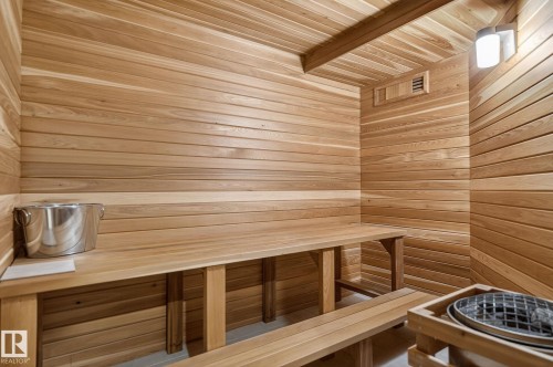 Sauna featuring horizontal wood paneling, built-in wooden benches, a ceiling-mounted light fixture, and a floor-mounted heating element - 848 Wheeler Road W, Edmonton, AB - Indoor Photo Showing Other Room