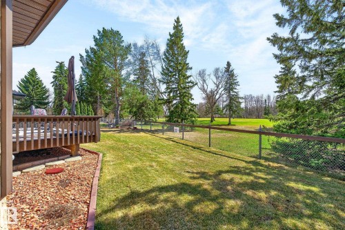Expansive backyard featuring a manicured lawn, established landscaping, and mature evergreen trees - 848 Wheeler Road W, Edmonton, AB - Outdoor