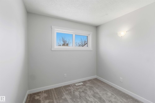 Neutral-toned room featuring a double-paned window with white trim, light grey walls, and grey patterned carpeting - 119 Dorchester Drive, St. Albert, AB - Indoor Photo Showing Other Room