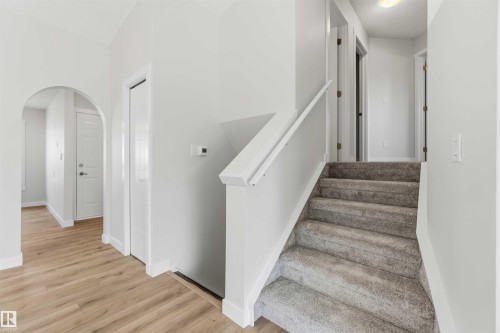 Interior staircase with grey carpet steps and white railing - 119 Dorchester Drive, St. Albert, AB - Indoor Photo Showing Other Room