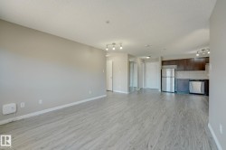 Spacious living area featuring light wood-finish flooring, neutral wall paint, and a kitchen with dark cabinetry and stainless steel appliances - 