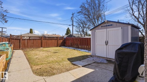Expansive backyard featuring a manicured lawn, a concrete pathway, a wood privacy fence, and a dedicated storage shed - 13533 119 Street, Edmonton, AB - Outdoor