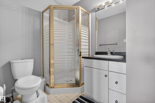 The bathroom features a corner shower with a brass-toned frame, a white vanity with a dark countertop and an integrated sink, and a toilet - 2 Sturgeon Road, St. Albert, AB - Indoor Photo Showing Bathroom