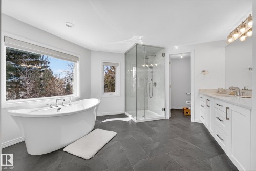 This property features a bathroom with dark tile flooring, a free-standing bathtub with views of trees, a glass-enclosed shower, and a vanity with white cabinetry and a light-colored countertop - 1211 Hewgill Place, Edmonton, AB - Indoor Photo Showing Bathroom