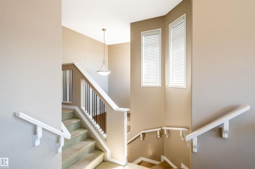 Carpeted staircase featuring white handrails and balusters, two vertical windows with blinds, and a pendant light fixture - 121 Ellington Crescent, St. Albert, AB - Indoor Photo Showing Other Room