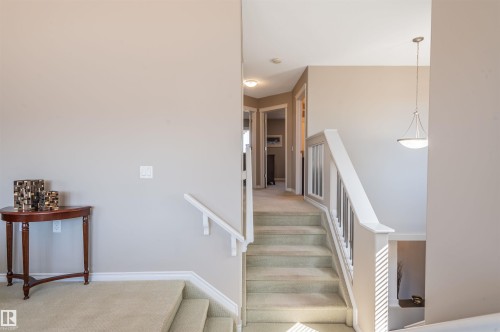 Carpeted staircase with white balusters and handrails - 121 Ellington Crescent, St. Albert, AB - Indoor Photo Showing Other Room