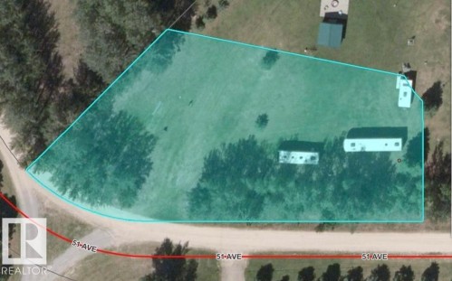 Aerial Survey Plat. Outlining property boundaries and features including recreational vehicles - 4714 51 Avenue, Lodgepole, AB 