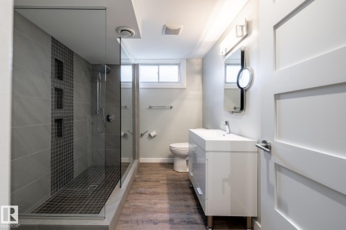 Contemporary bathroom with a glass-enclosed shower featuring large format tile walls, a mosaic tile accent strip with built-in niches, and a mosaic tile shower floor - 4204 Aspen Drive E, Edmonton, AB - Indoor Photo Showing Bathroom