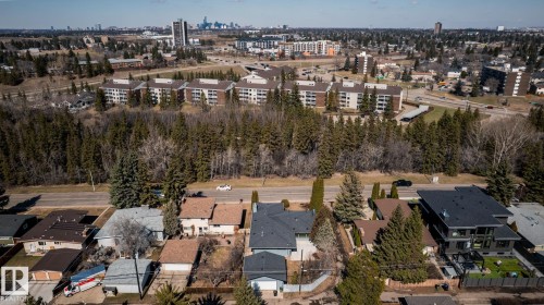 Aerial perspective showcasing residential properties bordering a treed natural area - 4204 Aspen Drive E, Edmonton, AB - Outdoor With View