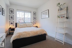 Bright bedroom featuring a large window with roller shades, neutral carpeting, and a built-in wall-mounted shelving unit - 