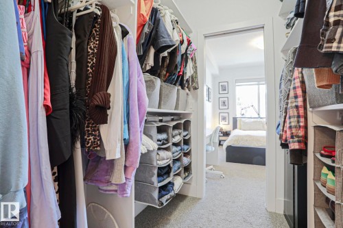 Walk-in closet featuring white built-in shelving, hanging rods, and carpet flooring - 202 10030 83 Avenue, Edmonton, AB - Indoor With Storage