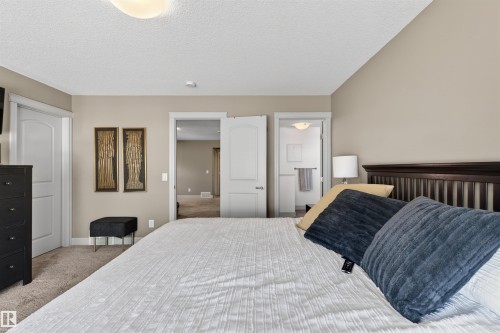 Carpeted bedroom featuring neutral paint, a dark wood headboard, and two white paneled doors - 2313 Sparrow Crescent, Edmonton, AB - Indoor Photo Showing Bedroom