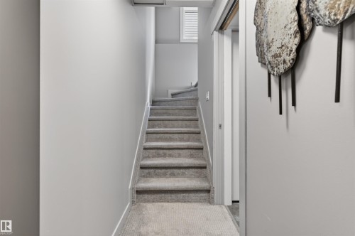 Carpeted staircase with light gray walls and white trim - 2313 Sparrow Crescent, Edmonton, AB - Indoor Photo Showing Other Room