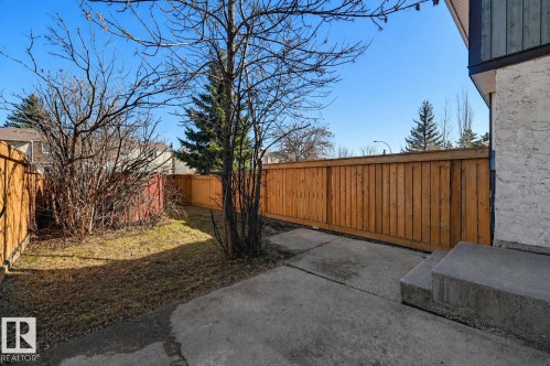 Private backyard featuring a new wood fence, mature trees, concrete patio, and exterior stucco siding - 8043 178 Street, Edmonton, AB - Outdoor