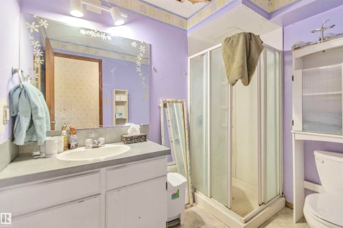 Bathroom featuring a white single-sink vanity with a gray countertop, an enclosed corner shower, and a decorative wall mirror - 1619 Knottwood Road N, Edmonton, AB - Indoor Photo Showing Bathroom