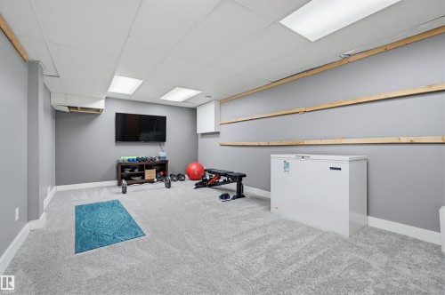 Finished basement space featuring light gray carpeting, gray painted walls, a drop ceiling with recessed lighting, and white baseboards - 139 Wolf Willow Crescent, Edmonton, AB - Indoor Photo Showing Basement