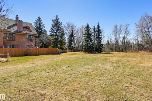 Expansive grassy area bordered by a wood fence and mature evergreen trees - 139 Wolf Willow Crescent, Edmonton, AB - Outdoor
