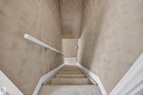Carpeted staircase with light-colored wall finish, white handrail, and white baseboard trim - 1767 61 Street, Edmonton, AB - Indoor Photo Showing Other Room