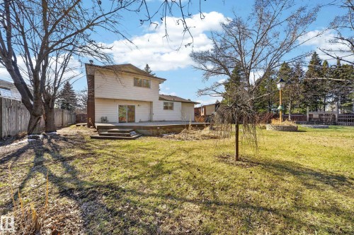 Expansive backyard featuring a large concrete patio, sliding glass door access, wood privacy fencing, a mature deciduous tree, and a small weeping tree - 1767 61 Street, Edmonton, AB - Outdoor