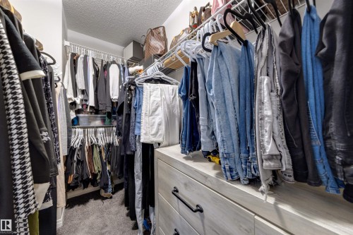 Walk-in closet featuring built-in wood-finish drawers with dark hardware, carpet flooring, and wire shelving system - 2504 Coughlan Road, Edmonton, AB - Indoor With Storage