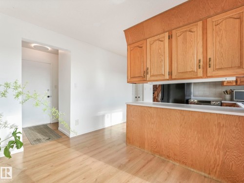 The kitchen features wood cabinetry and a white countertop, with light-colored flooring extending into the living area - 12219 25 Avenue, Edmonton, AB - Indoor Photo Showing Kitchen