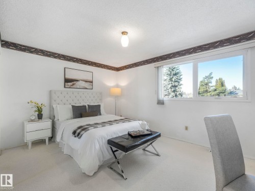 Bright room featuring white walls, carpeting, and a window providing views of outdoor trees - 3421 112A Street, Edmonton, AB - Indoor Photo Showing Bedroom