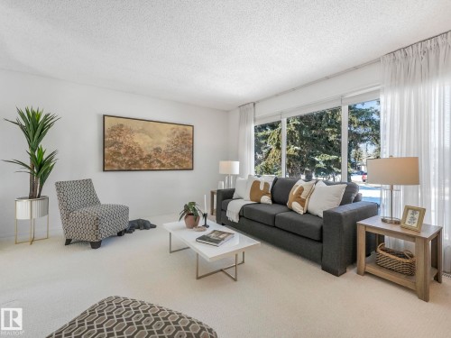 Bright living area featuring large windows with sheer curtains, light-colored carpeting, and a textured ceiling - 3421 112A Street, Edmonton, AB - Indoor Photo Showing Living Room