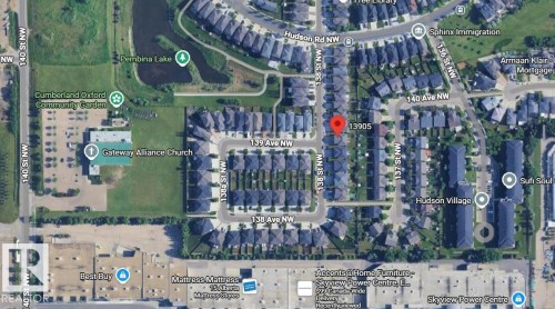 Satellite Map. Depicting the property's location within a residential and commercial area - 13905 138 St, Edmonton, AB - Other