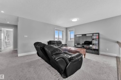 Carpeted lounge area featuring light gray wall paint and white trim - 