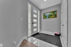 Modern entryway featuring a white paneled door with frosted glass inserts and corresponding sidelights - 