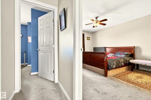 Carpeted hallway with light neutral walls and white trim - 8922 5Av, Edmonton, AB - Indoor Photo Showing Bedroom