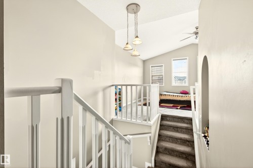 Carpeted staircase with white railings, leading to a loft space featuring a vaulted ceiling with a ceiling fan, pendant light fixtures, and windows providing exterior light - 8922 5Av, Edmonton, AB - Indoor Photo Showing Other Room