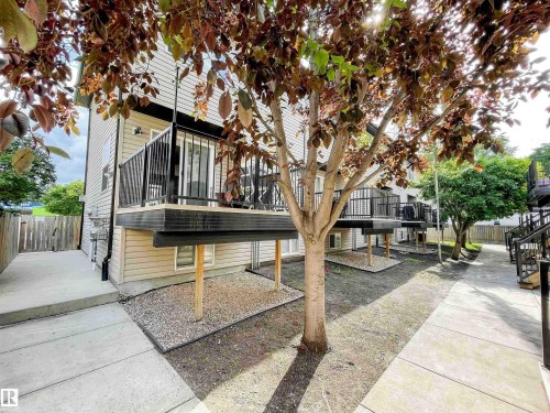 Exterior featuring light-colored siding, multiple elevated decks with black railings, and mature trees providing natural screening - 5806 118 Avenue Nw, Edmonton, AB - Outdoor