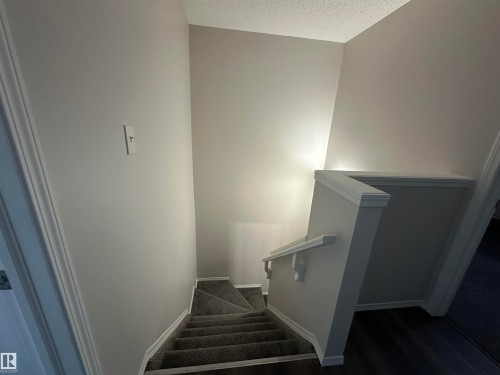 Carpeted staircase with white trim, a matching handrail, and light gray walls - 97 2021 Grantham Crest, Edmonton, AB - Indoor Photo Showing Other Room