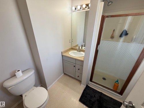 Bathroom featuring a glass-enclosed shower with a bronze frame, a white vanity with a light-colored countertop, and a built-in medicine cabinet - 97 2021 Grantham Crest, Edmonton, AB - Indoor Photo Showing Bathroom