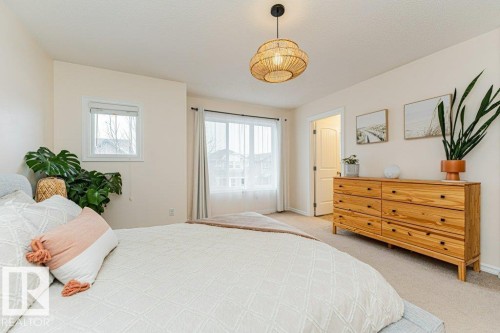 This room features warm neutral wall colors, carpeted flooring, and a window with sheer curtains - 2828 21 Avenue, Edmonton, AB - Indoor Photo Showing Bedroom