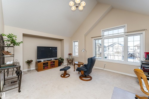 Living area with vaulted ceilings, light neutral wall paint, and broad windows featuring grid patterns - 1915 126 Street, Edmonton, AB - Indoor